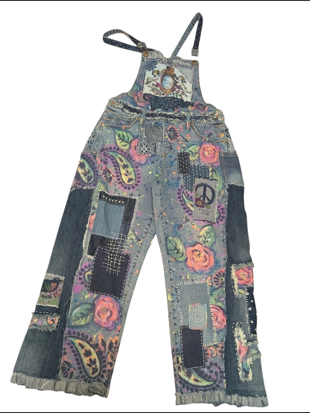 OAK Painted Floral Patchwork Denim Overalls - Multicolor